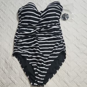 Kona Sol Black & White Striped One-Piece Swimsuit NWOT